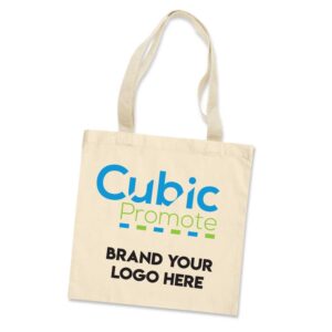 A beige tote bag with handles featuring the text Cubic Promote in blue and green, with Brand Your Logo Here in black underneath.