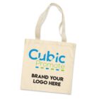 A beige tote bag with long handles displaying the text Cubic Promote in blue and green, and BRAND YOUR LOGO HERE in bold black letters.