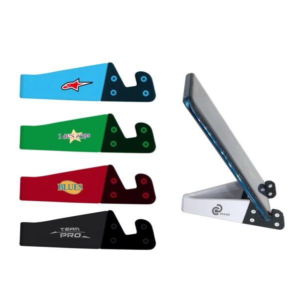 Phone stand with four color variations and logo designs.