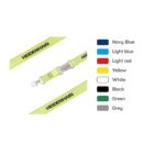 Bright yellow lanyard with HEIDENHAIN printed in black. Includes a metal clip and a black plastic buckle. A color guide on the right displays navy blue, light blue, light red, yellow, white, black, green, and grey options.