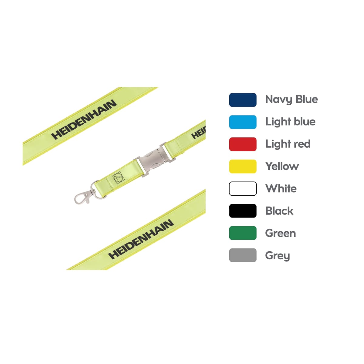 Bright yellow lanyard with HEIDENHAIN printed in black. Includes a metal clip and a black plastic buckle. A color guide on the right displays navy blue, light blue, light red, yellow, white, black, green, and grey options.