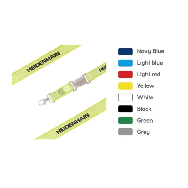 A yellow lanyard with a metal clip and branded HEIDENHAIN is shown. Next to it is a color swatch featuring navy blue, light blue, light red, yellow, white, black, green, and grey options.