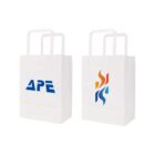 Two white paper bags with blue and colorful flame logos.