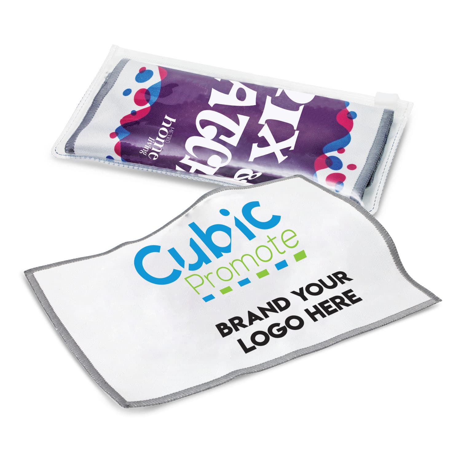 Two microfiber cleaning cloths are shown. One is folded in a clear plastic pouch with a purple design. The other is unfolded, featuring the text Cubic Promote and BRAND YOUR LOGO HERE in green and blue on a white background.