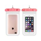 Two smartphones in waterproof cases, one showing the back, the other the screen.