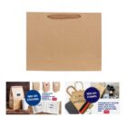 Brown paper bag with stickers, stamps, and colored handles options displayed.
