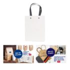 White gift bag with black handles, surrounded by customizable packaging options.