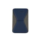 Blue and gray minimalist wallet with logo, front view.