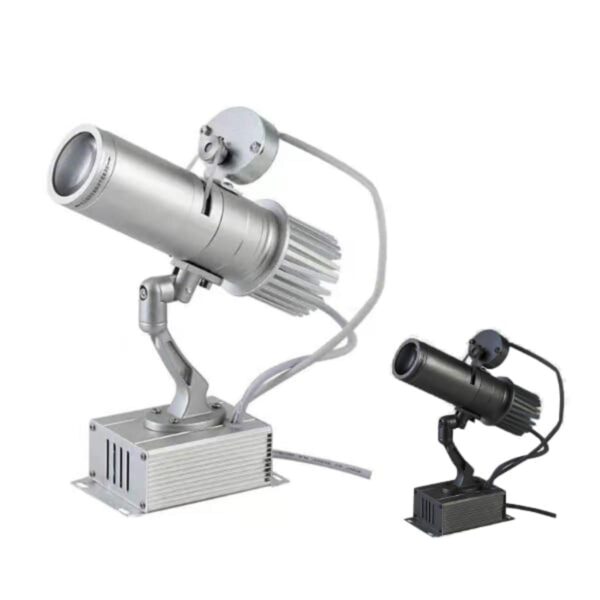 Silver and black projectors with adjustable mounts on white background.