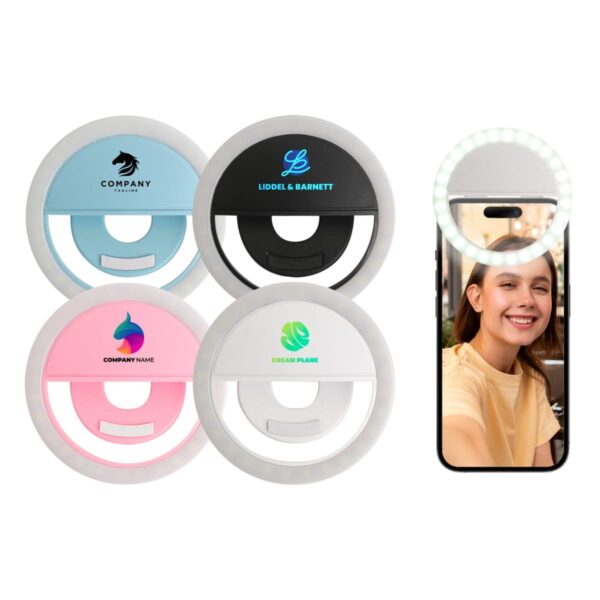 Smartphone clip-on ring lights in various colors; one illuminates a smiling person on phone screen.