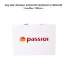 White shopping bag with passio logo in red and yellow stripes. Bag dimensions above.