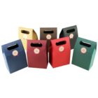 Colorful gift boxes with handles and seals arranged in a neat row.