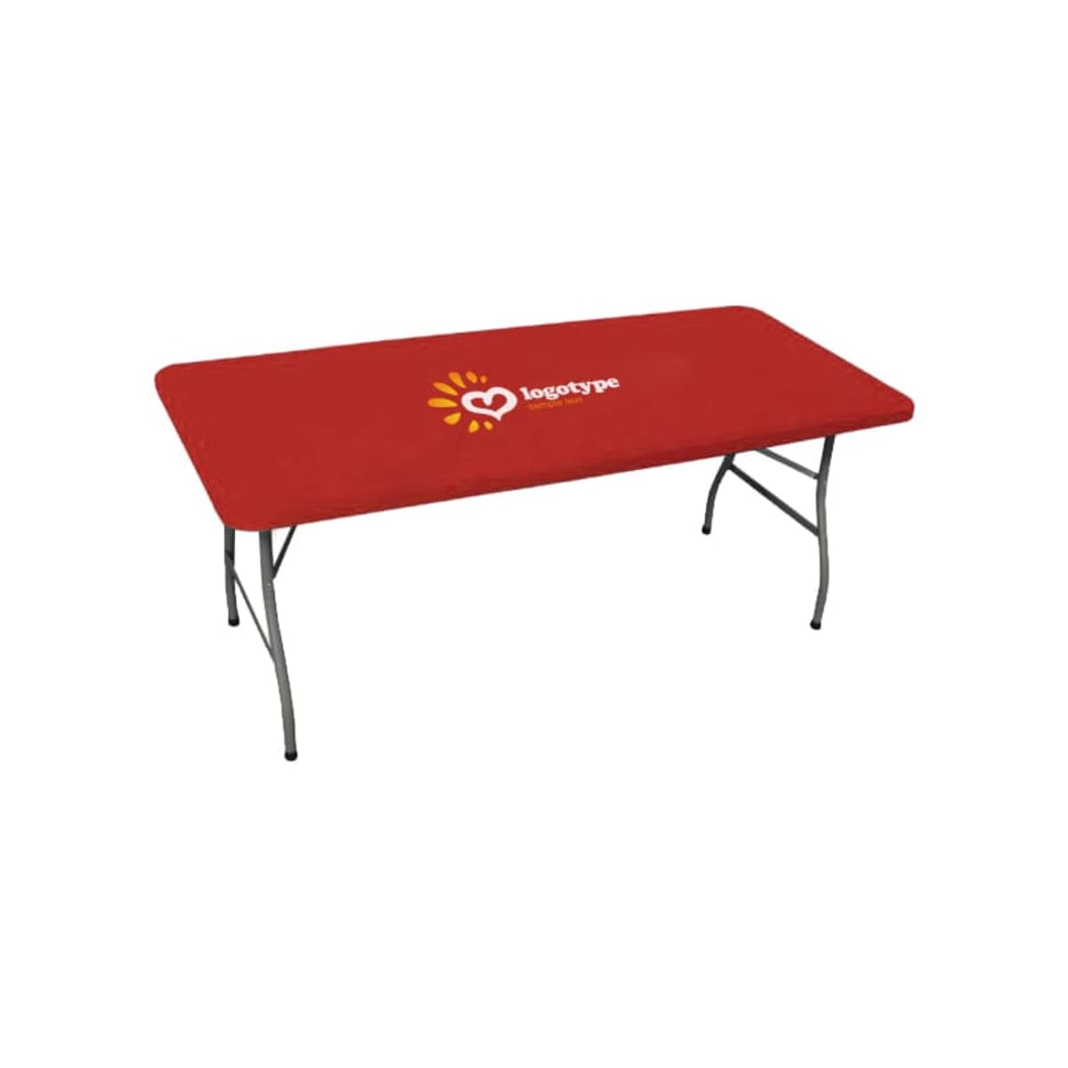 Red folding table with graphic and logotype text on the cover.