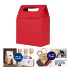 Red paper bag with handle, surrounded by custom sticker and stamp options.
