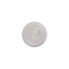 Top view of a clear plastic bottle cap on a white background.