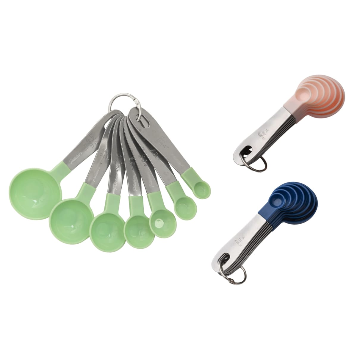 Sets of measuring spoons in green, salmon, and blue with metal handles on a white background.