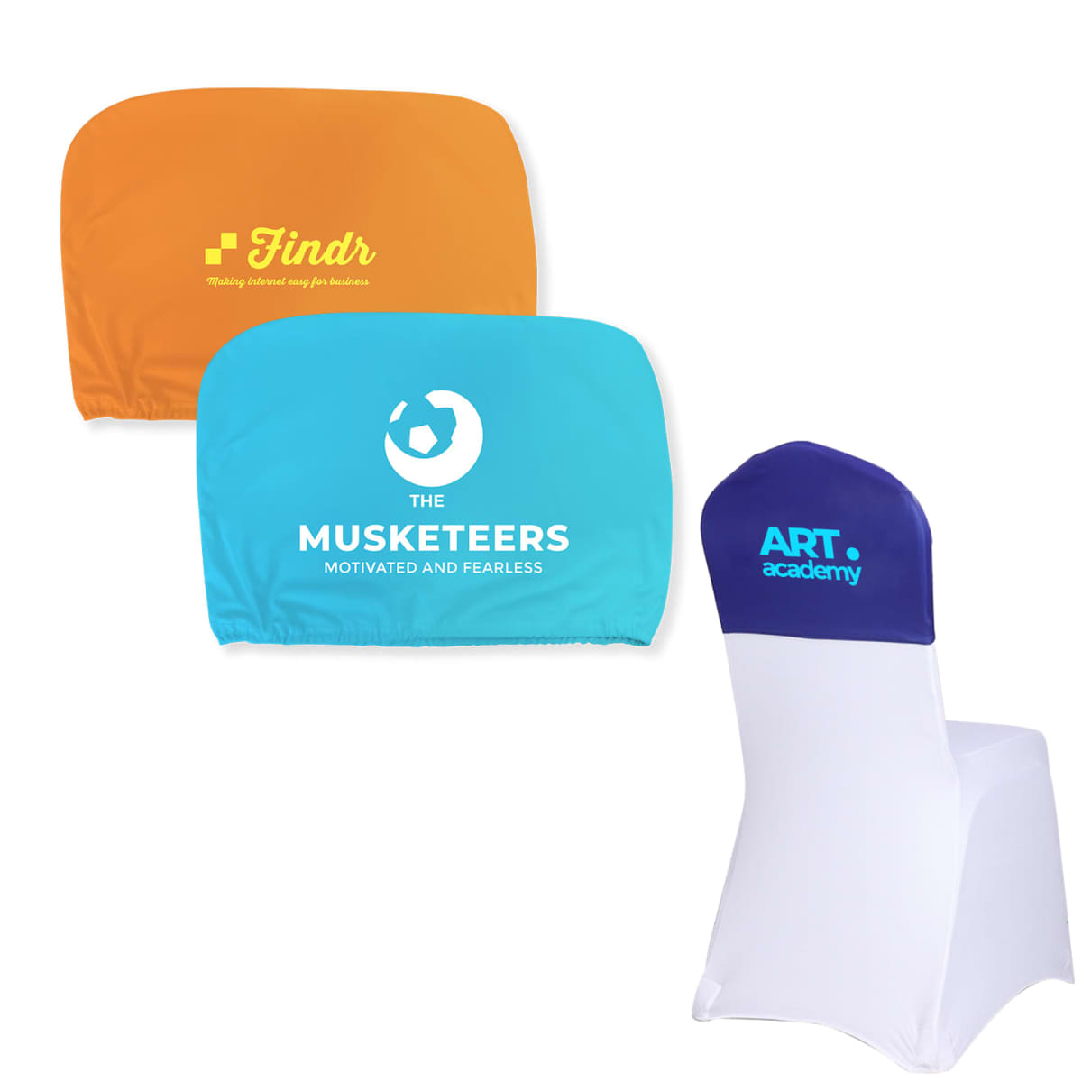 Three colorful custom chair covers with different logos and text.