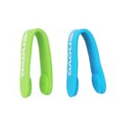 Two colorful clip-on book lights, one in green and one in blue, with enovo branding.