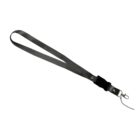 Gray lanyard with a plastic buckle and metal clip on a white background.