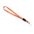An orange lanyard with a black plastic buckle and a metal clip hook at the end, suitable for attaching badges, keys, or small accessories.
