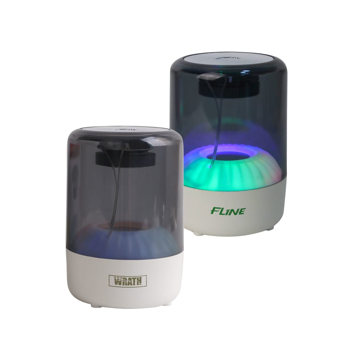 Two humidifiers with translucent covers, one displaying multicolored LED lights.