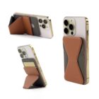 Smartphone with a brown and black wallet stand attachment shown from various angles.