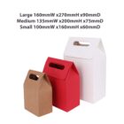 Three cardboard carry boxes in white, red, and brown, with listed dimensions above.