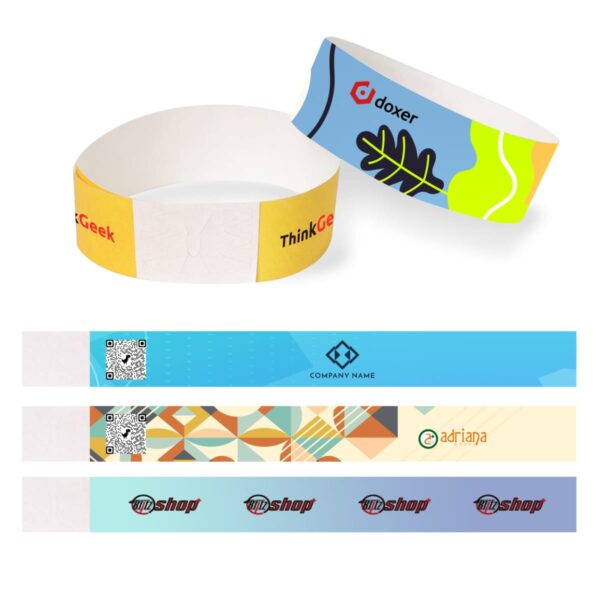 Colorful custom printable wristbands with various logos and designs.