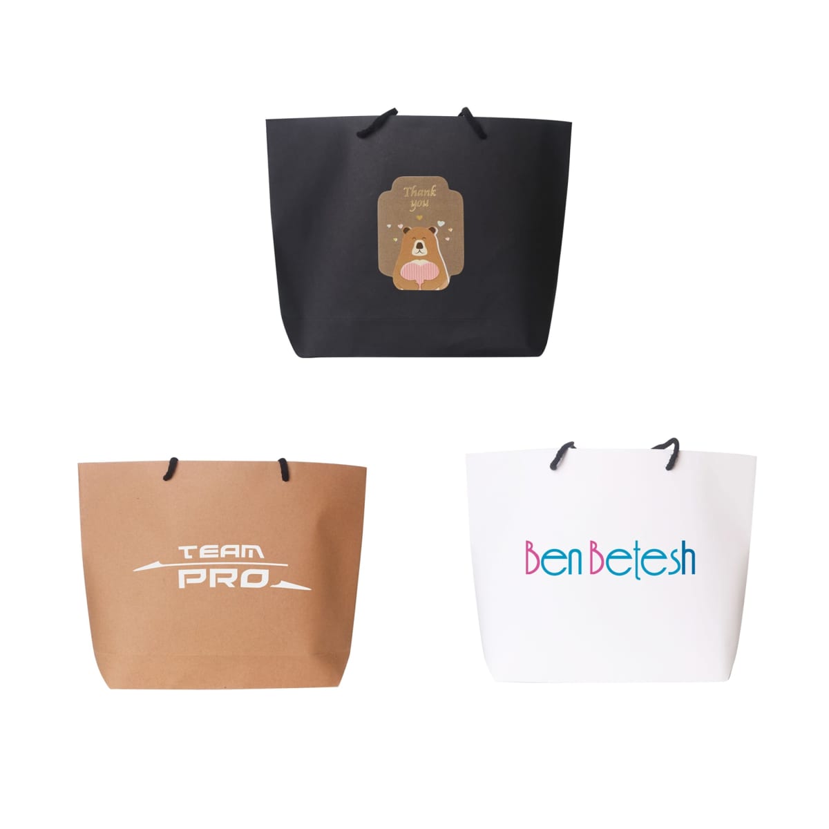 Three shopping bags: black with bear design, brown with Team Pro, and white with BenBetesh.