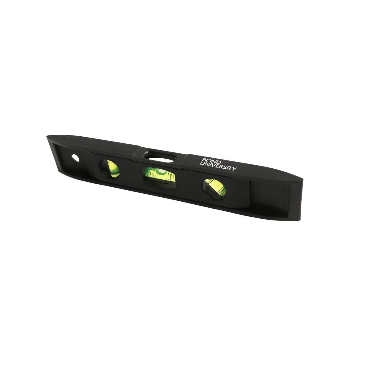 Black spirit level with two visible bubble vials against a white background.