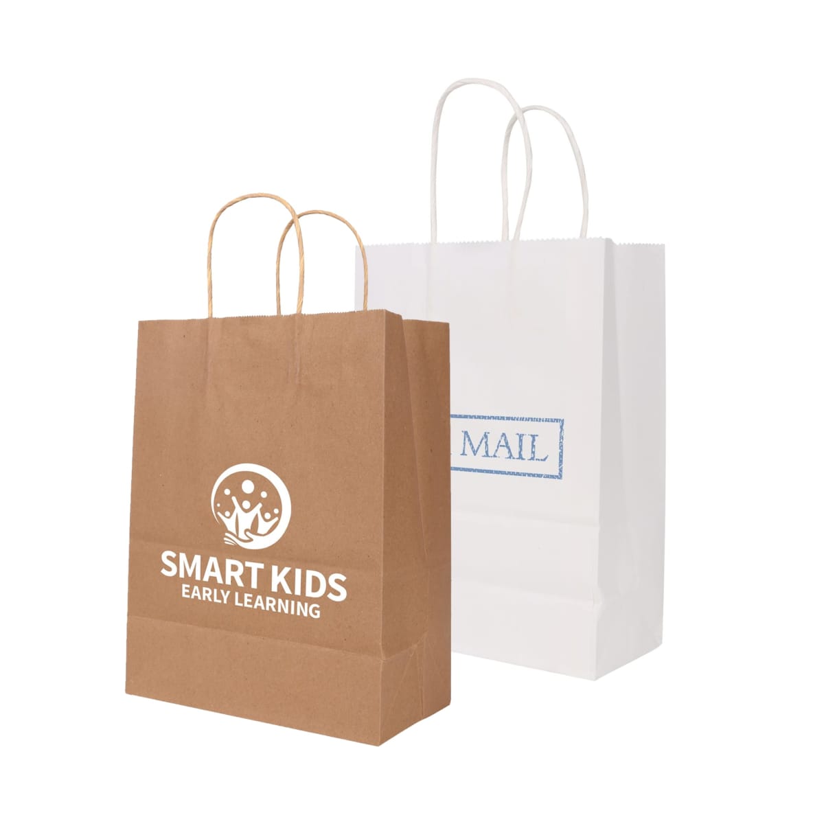 Brown and white paper bags with handles, one labeled SMART KIDS EARLY LEARNING.