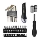 Assorted tool set with hex keys, utility knife, socket bits, and screwdriver handle.
