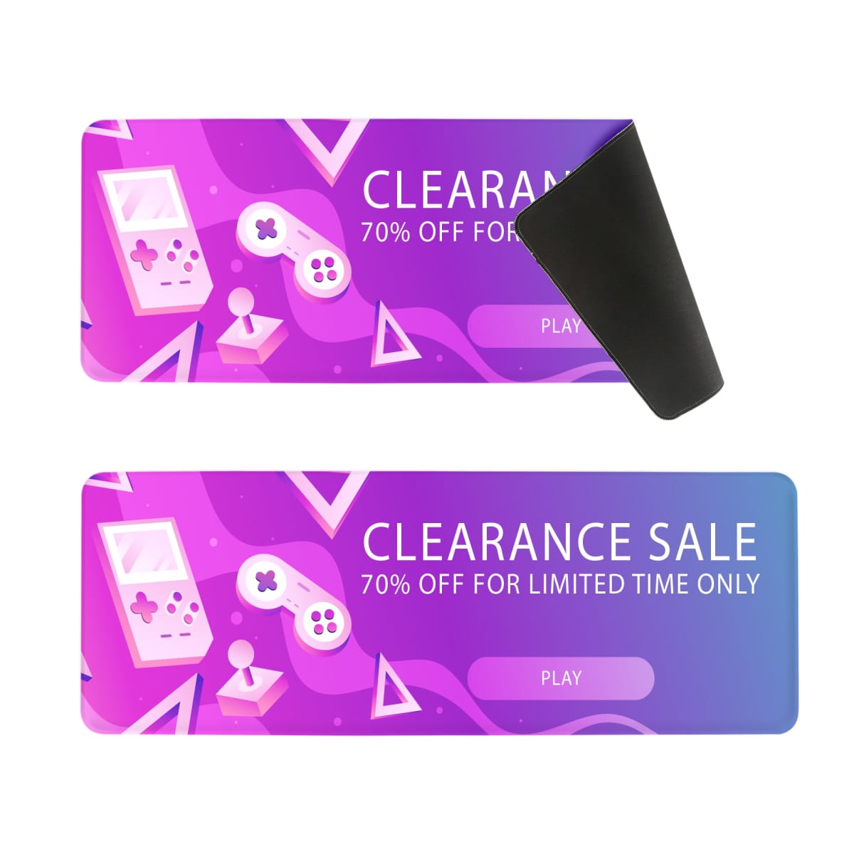 Two game-themed banners for a clearance sale with a 70% discount.