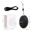 Portable black speaker with box, USB cable, and measurements shown.