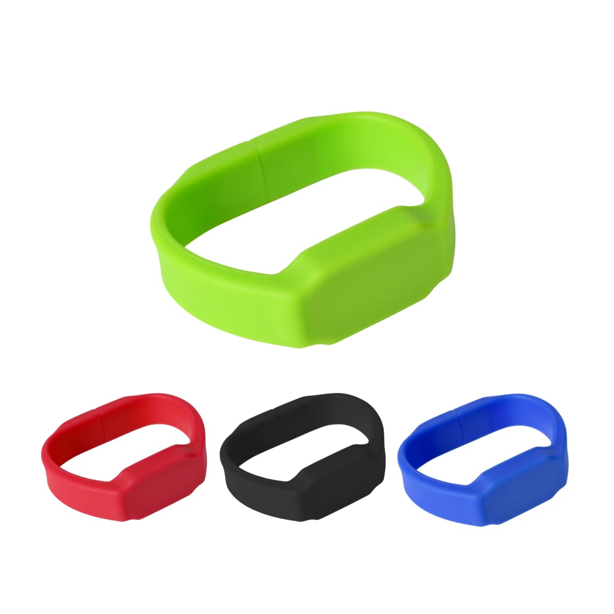 Four silicone handle covers in green, red, black, and blue.