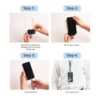 Four-step guide for attaching a phone with a lanyard. Step 1: Insert clip into phone case’s charging hole. Step 2: Place phone back. Step 3: Connect lanyard. Step 4: Person wears phone around neck.