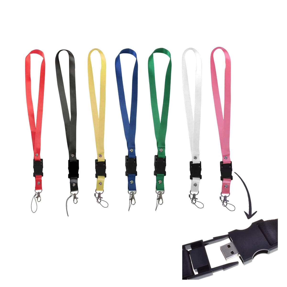 Seven colored lanyards with detachable clips and metal hooks are shown: red, black, yellow, green, blue, white, and pink. An inset shows a USB drive feature within a black lanyard clip.