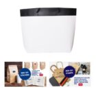 White shopping bag with black accents; images of packaging options below it.