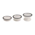 Three transparent plastic containers with black lids in different sizes.