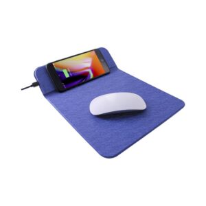 blue fabric mousepad with a phone charger