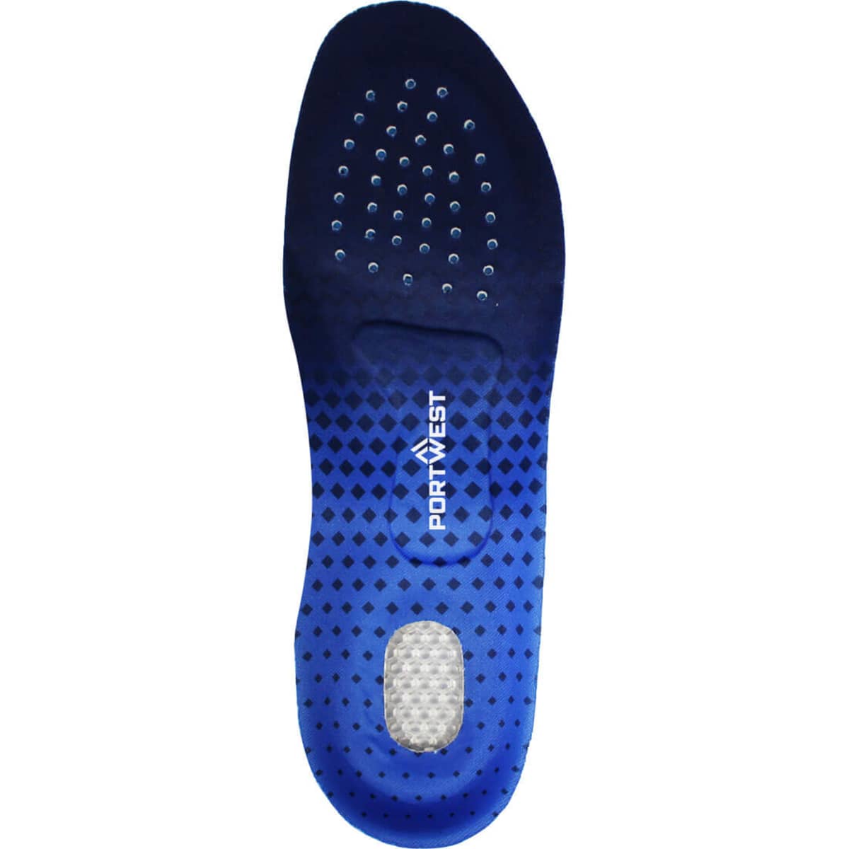 Blue and black Portwest shoe insole with cushioned heel and perforated toe area.