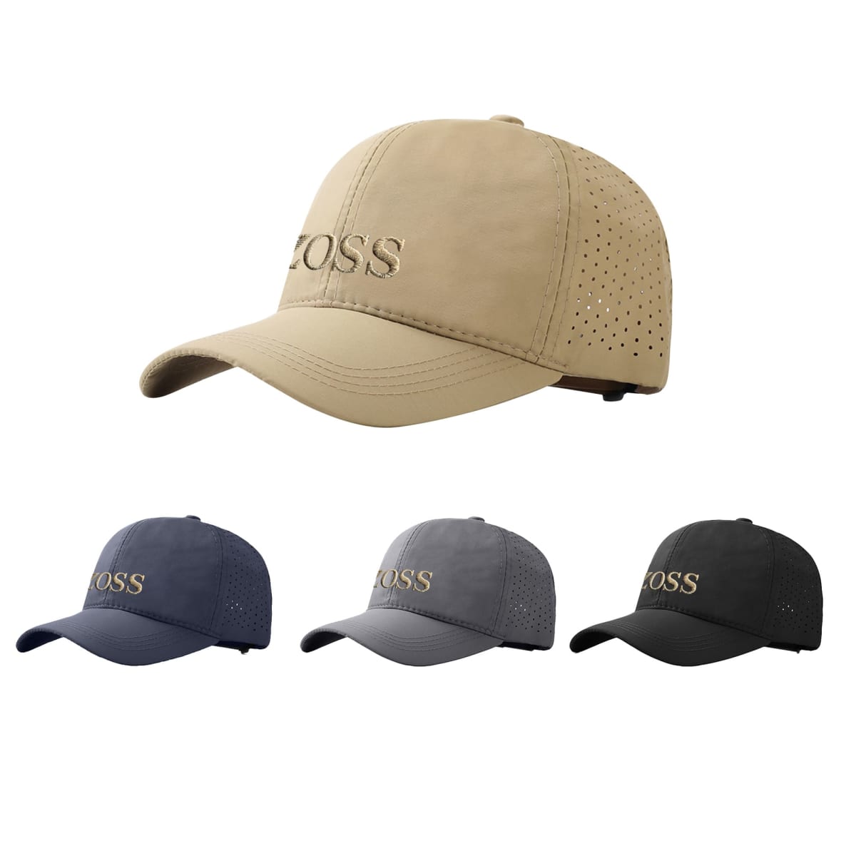 Four baseball caps in beige, blue, gray, and black, with perforated sides and Zoss logo.