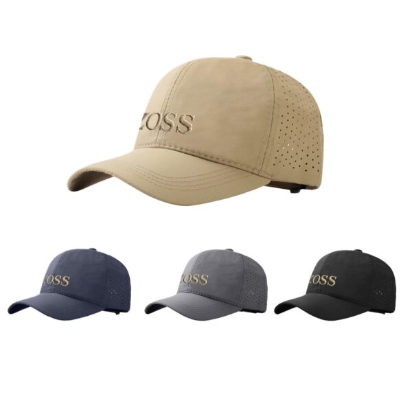 Four caps in beige, blue, gray, and black with perforated sides and ZOSS embroidered on front.
