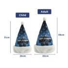 Two blue Hit Force Cheer hats with white trim, labeled as child and adult sizes.
