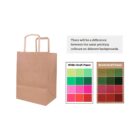 Brown paper bag with printing color samples on white and brown kraft paper backgrounds.