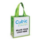 Green promotional tote bag with reinforced handles featuring a customizable space displaying the text Cubic Promote in blue and green, followed by BRAND YOUR LOGO HERE in bold black letters on a white background.