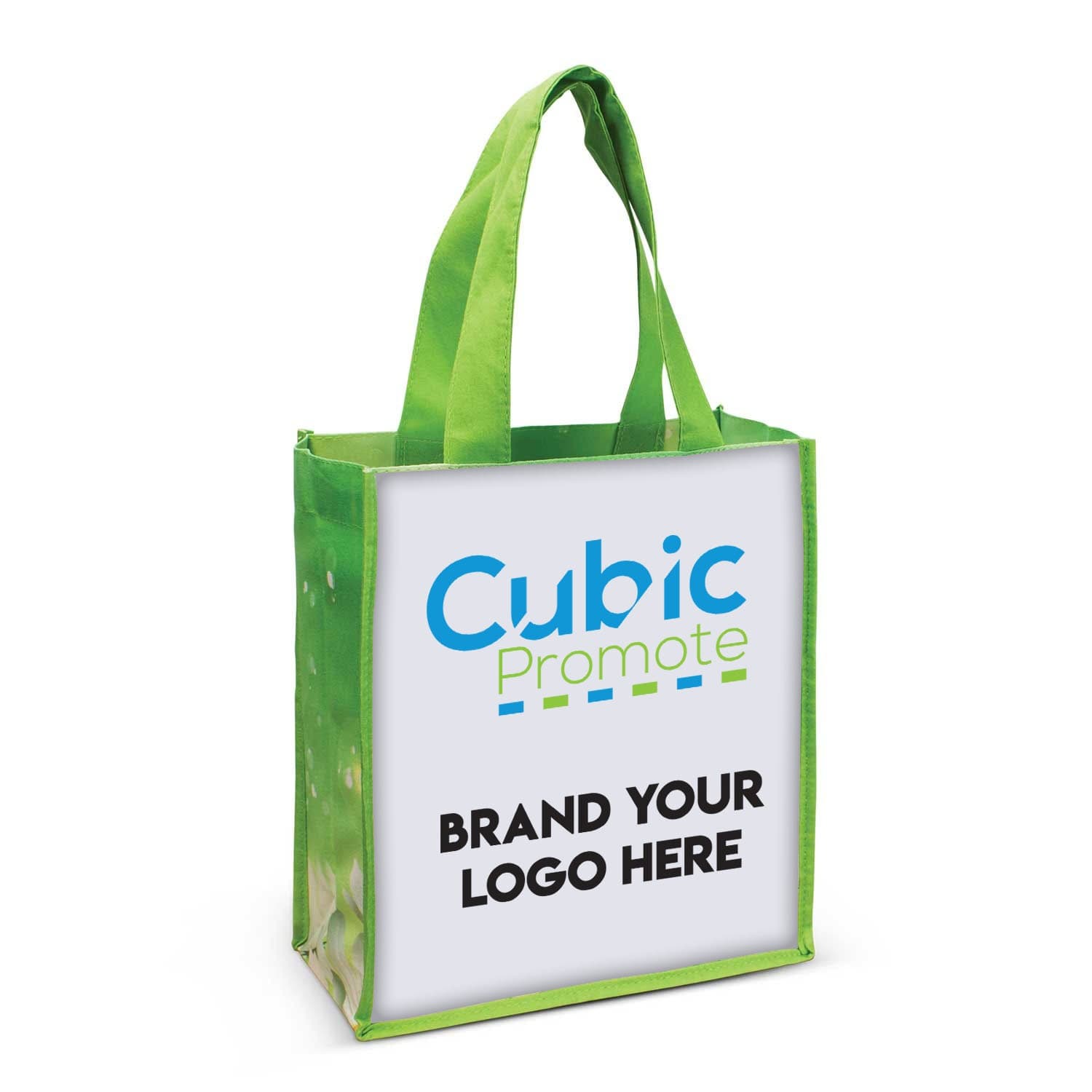 Green promotional tote bag with reinforced handles featuring a customizable space displaying the text Cubic Promote in blue and green, followed by BRAND YOUR LOGO HERE in bold black letters on a white background.