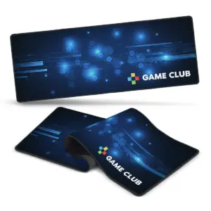 Custom gaming mouse pads with a blue tech design and GAME CLUB for esports teams.