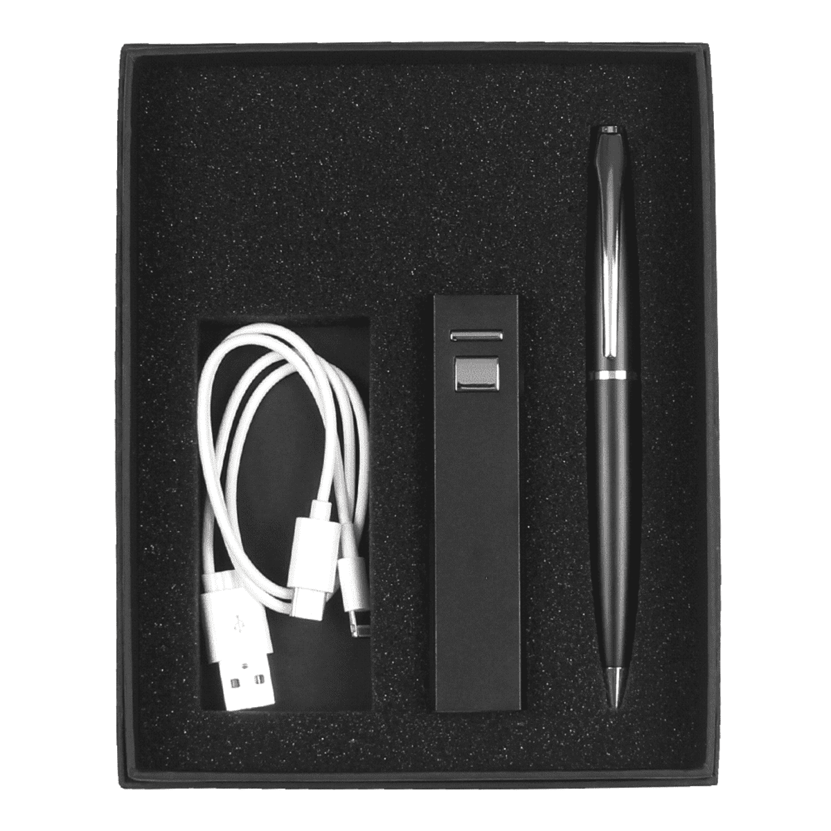 Box with foam padding containing a USB charger cable, a rectangular power bank, and a black pen.