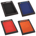 Four sets of notebooks and pens in presentation boxes. The notebooks are in black, blue, red, and orange, respectively, each with a matching pen above it.
